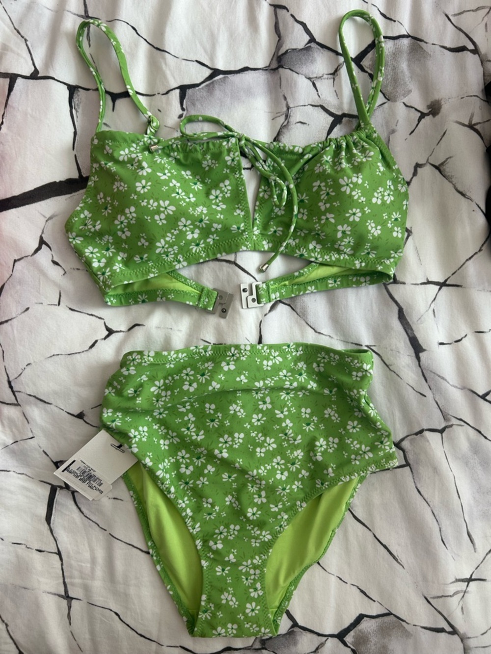 DAZE DAYZ Floral Bikini Set Green High Waist Perry Brief + Top NWT Size